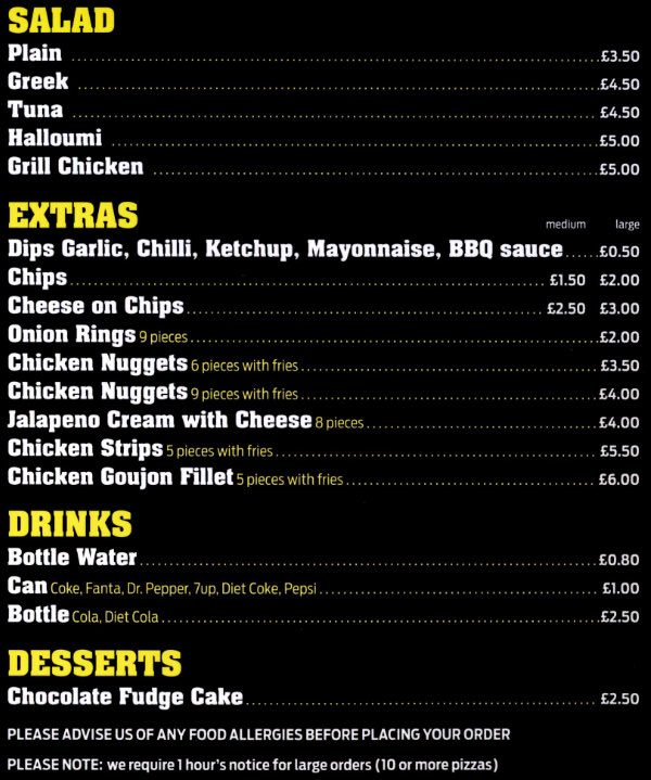 Pateley Pizza Menu - Extras and Drinks