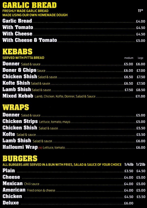 Pateley Pizza Menu - Kebab, Wraps & Burgers