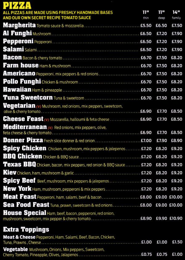 Pateley Pizza Menu